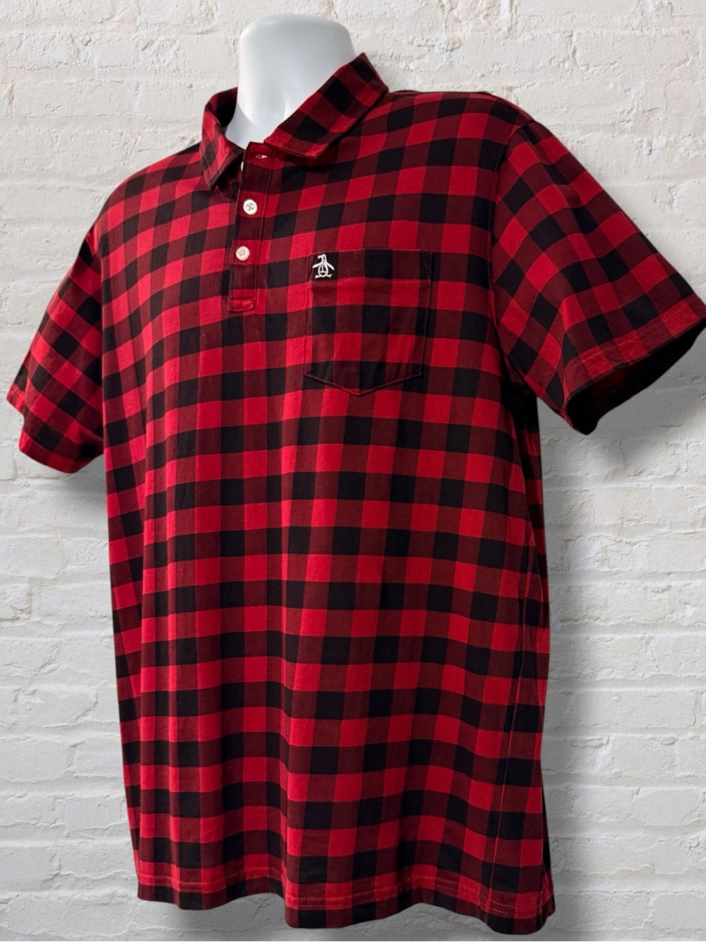 Original Penguin Munsingwear Buffalo Check Polo Men’s XL Red Black Short Sleeve